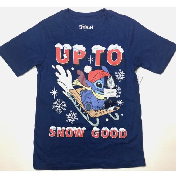 Disney Stitch Boys Tee Holiday Shirt Christmas Sledding Up to Snow Good 4/5 - Picture 1 of 4
